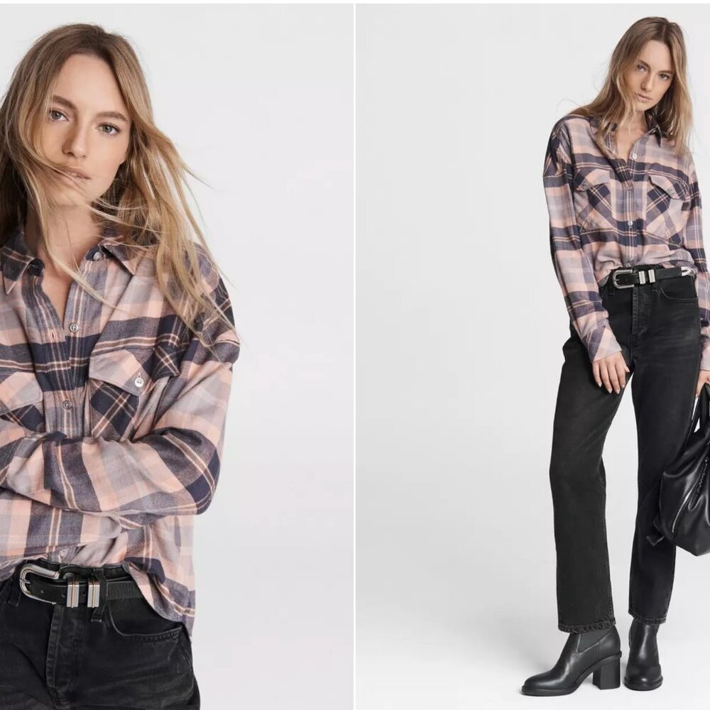 NWT Rag & bone Women's Size S cruz cotton blend plaid top longsleeve collar pink